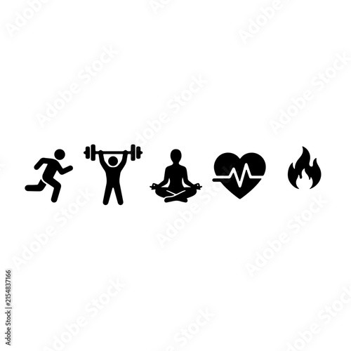 Five black icons representing fitness, strength, meditation, health, and passion on a white background.
