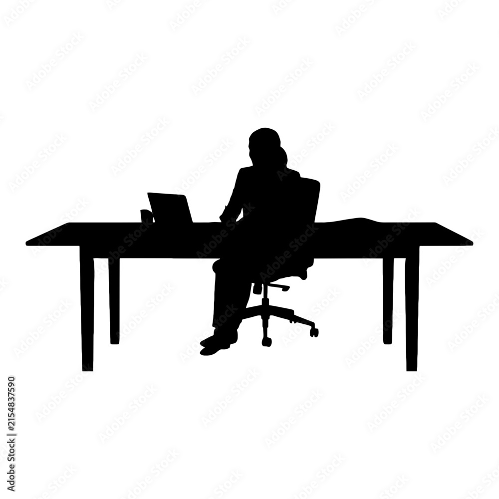 Fototapeta premium Silhouette of person working at desk with laptop and notebook isolated on transparent background, Vector