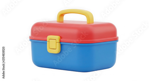 Bright blue and red plastic toolbox with yellow handle and latch isolated on white