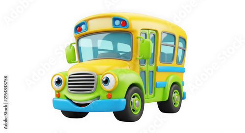 Bright yellow cartoon school bus toy with friendly face and colorful wheels isolated on transparent background