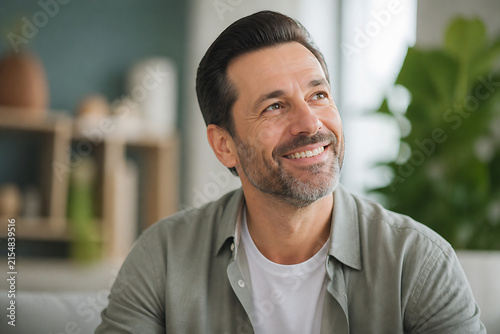 A smiling man in a casual shirt is looking off to the side indoors, likely at home.