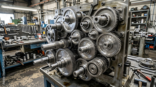 Intricate silver gears and cogs meshed together in a complex industrial machinery assembly