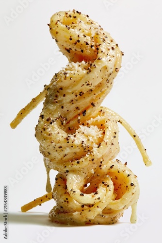 Cacio e Pepe Close Up Stack on White Background