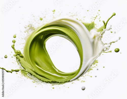 a swirling matcha green tea and milk forming a circular splash on a white background
