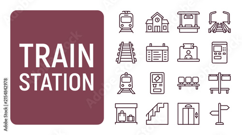 Train Station Line Icons Set for Transport and Travel Design.