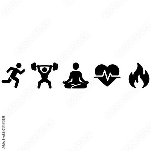 Five icons representing fitness, strength, meditation, health, and energy in a minimalist black and white style.