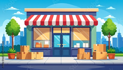 A charming local storefront building with cardboard boxes piled outside on the sidewalk under a bright blue sky with city skyline in background.
