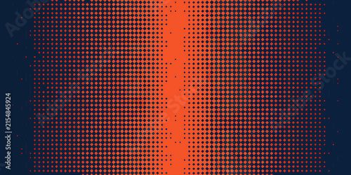 Halftone dot pattern with dark navy blue and orange hues creates a visual texture