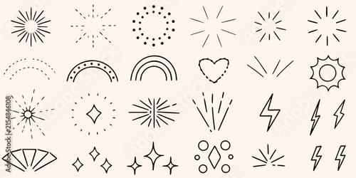 Boho hand drawn doodle set black lines on cream background