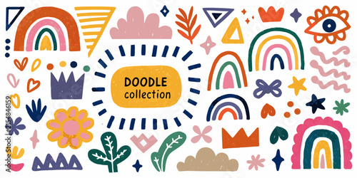 Colorful doodle collection features rainbows flowers and geometric shapes