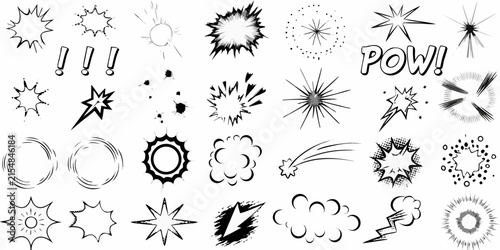 Collection of black and white hand inked comic book explosion and impact effects