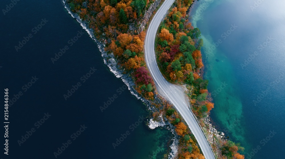 Fototapeta premium The Winding Road Through Autumn Forest Along Turquoise Lake Shore
