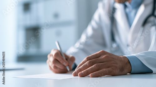 Experienced physician writing notes at a desk in a medical office  