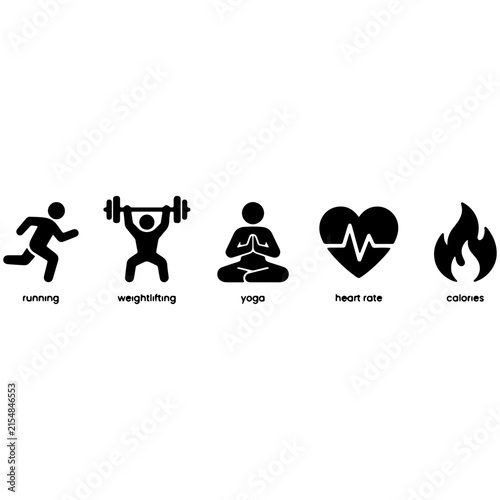Black and white icons representing various healthy lifestyle activities and concepts.