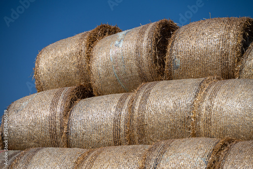 Obraz na płótnie a neat stack of tightly bound, golden round hay bales set against a vibrant, clear blue sky