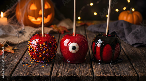 Spooky Red Halloween Candy Apples on Rustic