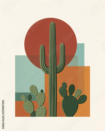 A minimalist, modern graphic art print featuring a cluster of desert cacti as the central subject