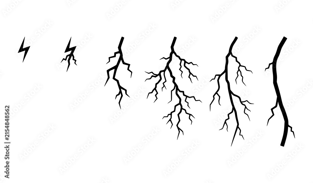 Obraz premium Minimalist lightning strike sequence vector illustration featuring flat black weather diagram symbols and natural phenomenon icons
