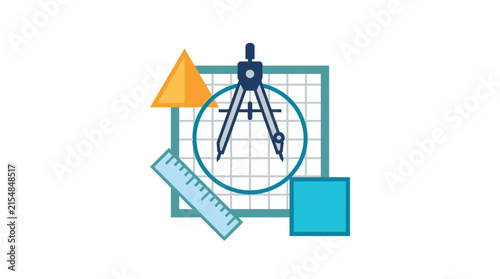 Drafting tools including a drafting compass and rulers form an engineering icon concept.