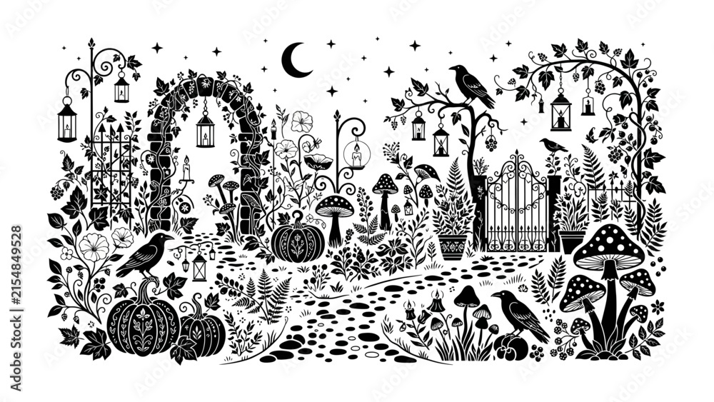 Obraz premium Mystical Halloween Garden: An enchanting monochrome illustration depicts a whimsical garden under a crescent moon, adorned with pumpkins, mushrooms, crows, and lanterns.