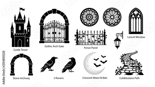 Foto Gothic Elements Collection: A compilation of gothic-themed graphic resources including a castle tower, gothic arch gate, fence panel, stained glass designs, lantern, lancet window, stone archway