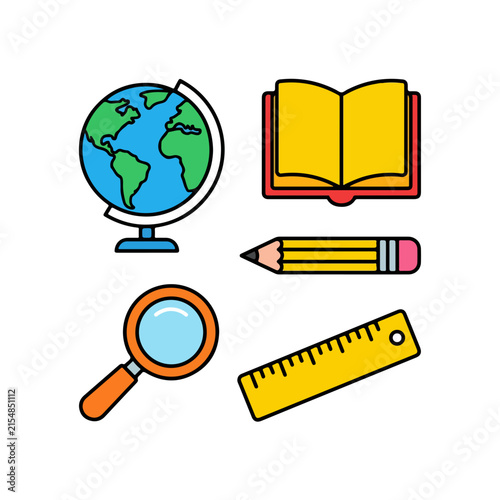 School supplies icons featuring globe book pencil magnifier and ruler for academic study.