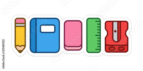 School stationery sticker set with colorful pencil book eraser ruler and red sharpener.