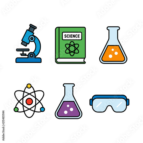 Science equipment including microscope atom model flasks and goggles for research.