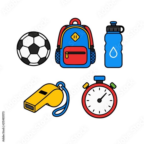 Sports equipment pack featuring soccer ball blue gym bag water bottle whistle and stopwatch.