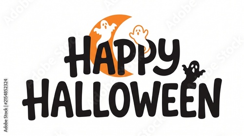 Happy halloween text design with a spooky ghost and an orange moon on a white background