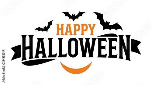 Happy halloween typography design with black bats and an orange crescent moon on a white background