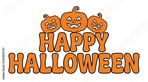 Happy halloween text design featuring three cute smiling jack o lantern pumpkins isolated on a white background