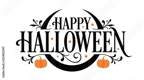 Elegant happy halloween typography design with a crescent moon background and small orange pumpkins for seasonal holiday decoration