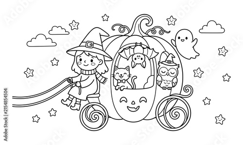 Kawaii Halloween coloring page, cute witch driving pumpkin carriage vector. Spooky animal friends line art, kids activity sheet.