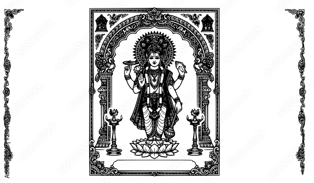 Fototapeta premium Indian Hindu God and Goddess Vintage Religious Poster Black and White Vector Illustration