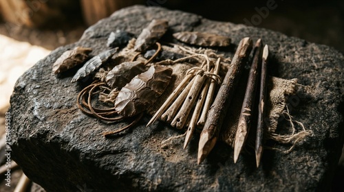 Primitive stone age tools and handmade hunting implements arranged on a rock. Archaeology, survival skills, ancient technology, anthropology, and prehistoric history concept.