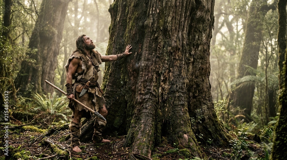 Fototapeta premium Bearded prehistoric hunter touching a giant tree in an ancient forest. Primitive survival, wilderness exploration, historical adventure, and connection with nature concept.