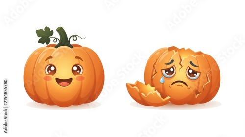 Two cute cartoon pumpkins with contrasting happy and sad facial expressions isolated on a white background