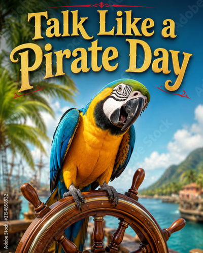 Talk Like a Pirate Day Graphic with Macaw Parrot on a Ship Helm
