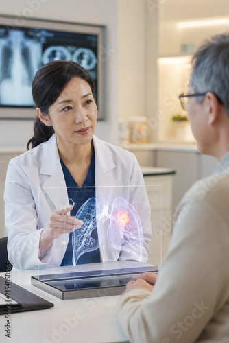 Female Asian Doctor Explaining Lung Hologram To Senior Patient In Clinic