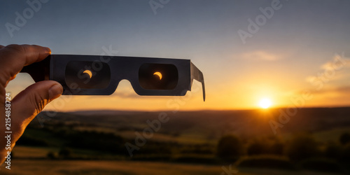 Watching Partial Solar Eclipse Through Protective Glasses at Sunset