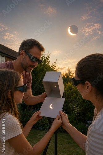 Family Using Pinhole Projector and Safety Glasses to Watch Solar Eclipse