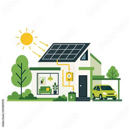 Solar panel house with electric car charging station and green energy symbols illustration electric charging renewable sustainable environment