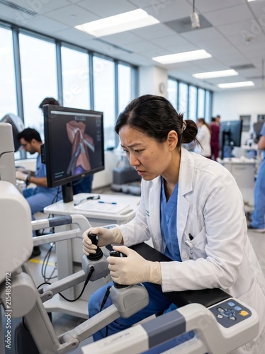 East Asian Surgical Trainee Using Haptic Feedback Simulator