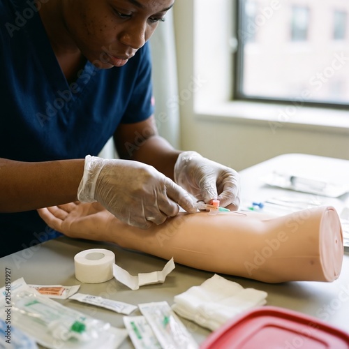 Black Nursing Trainee Practicing IV Insertion on Training Arm