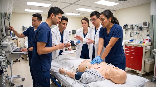 Medical trainees discussing patient care around training mannequin