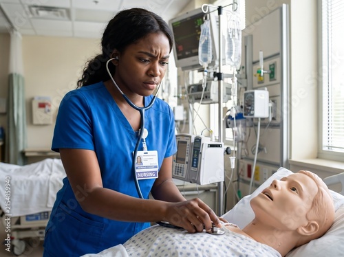 Black nursing student examining mannequin patient with stethoscope