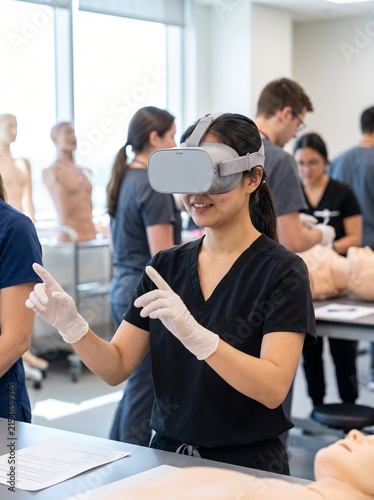 East Asian Student Wearing VR Headset Exploring Virtual Anatomy
