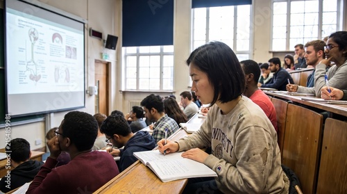 Asian student taking notes during anatomy lecture in classroom