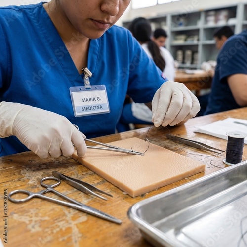 Hispanic medical student practicing suturing technique on skin model